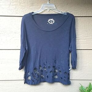 Blue Life Black 3/4 sleeve tee lace back front  cutouts Modal XS